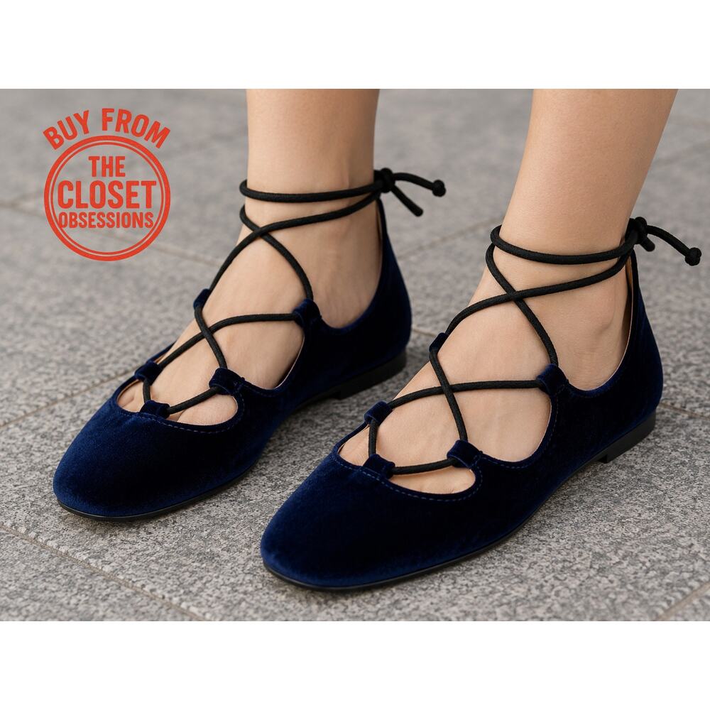 ZARA Navy Velvet Lace Up Ballet Flats NWT Balletcore Shoes Sizes 7.5 8 9 - Picture 2 of 16
